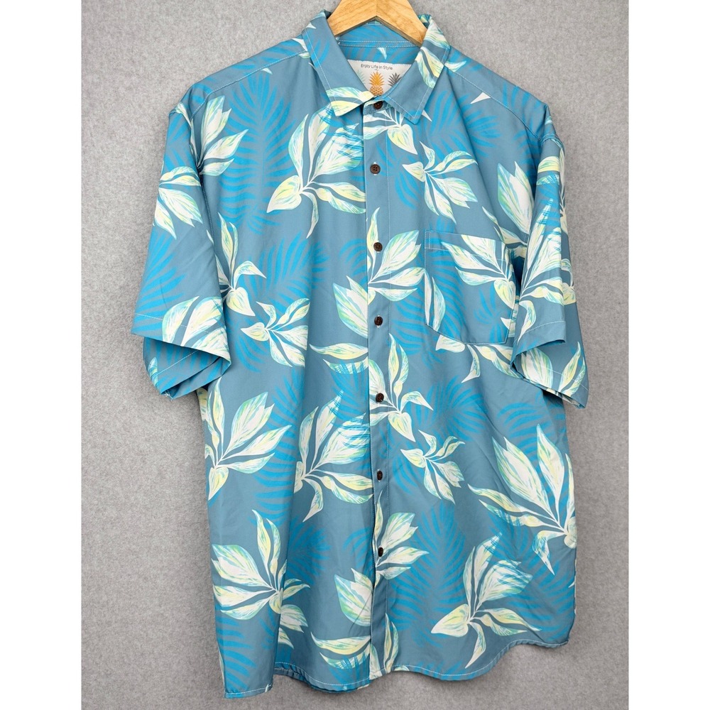 Tropical Bros Button Down Mens XL Blue Tropical Leaf Print Short Sleeve Stretch